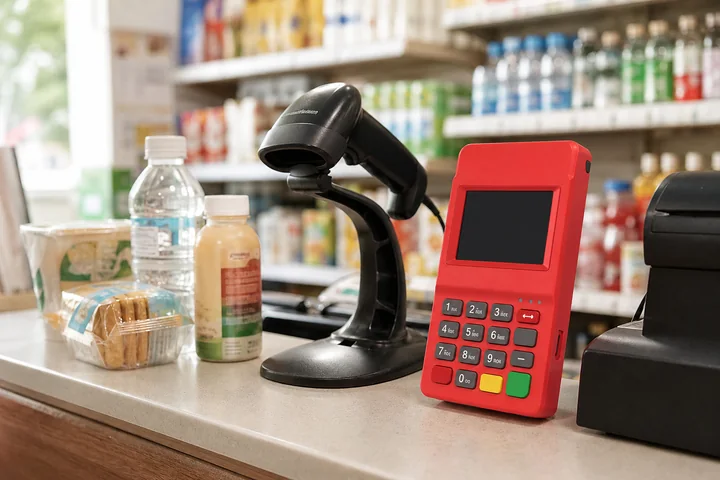 社区便利店收银台上的红色 POS 机和扫码设备