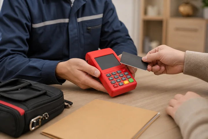 上门服务人员使用红色 POS 机为客户现场刷卡