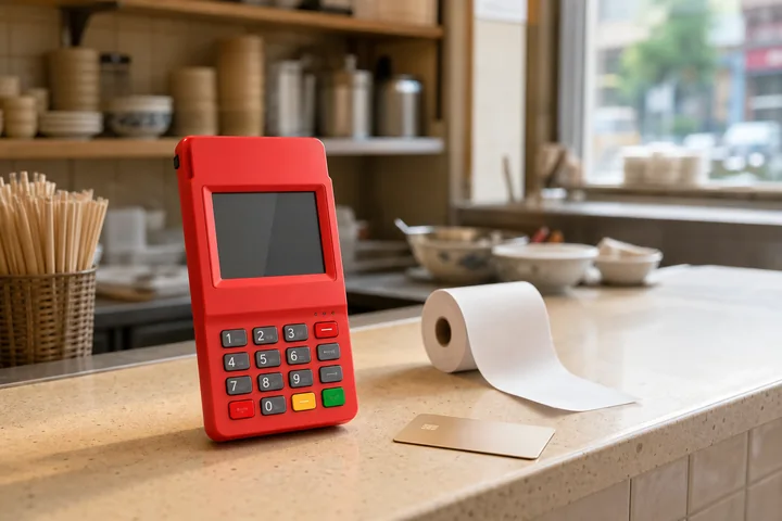 餐饮小店柜台上的红色 POS 机、银行卡和收据纸