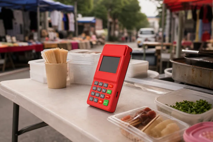 流动摊位桌面上的红色 POS 机和外摆收款场景